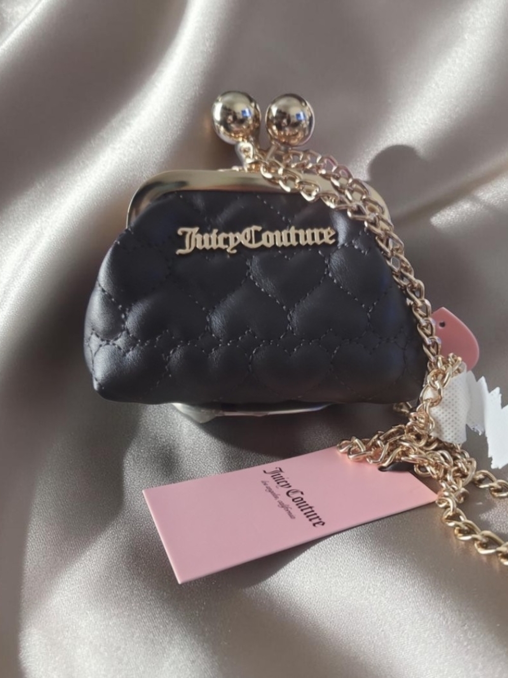 Juicy Couture Flawless Quilted Mini Coin Purse with Gold Hardware and Chain